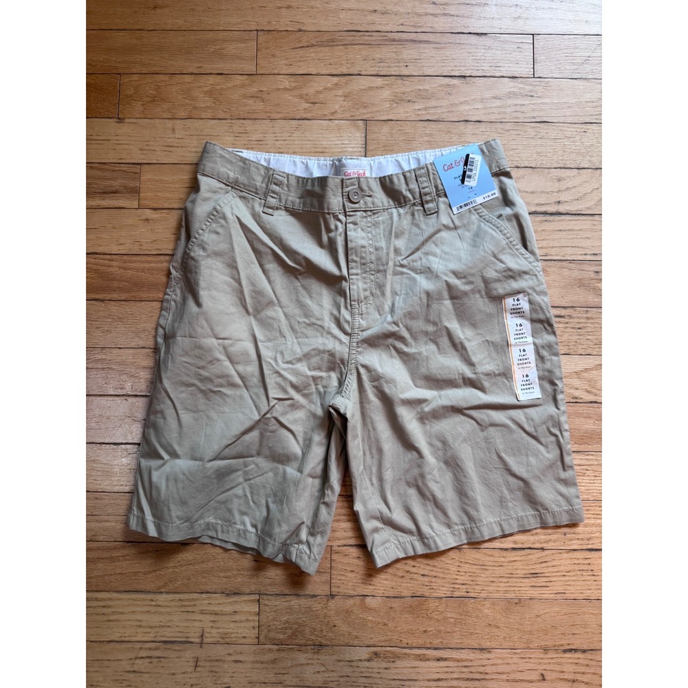Cat & Jack Boys Size 16 Khaki Beige Flat Front Shorts Adjustable‎ Waist NWT